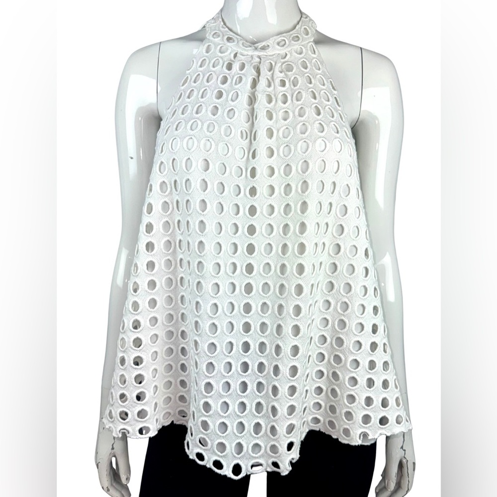 Closell White Eyelet Lace High Neck Sleeveless Blouse
